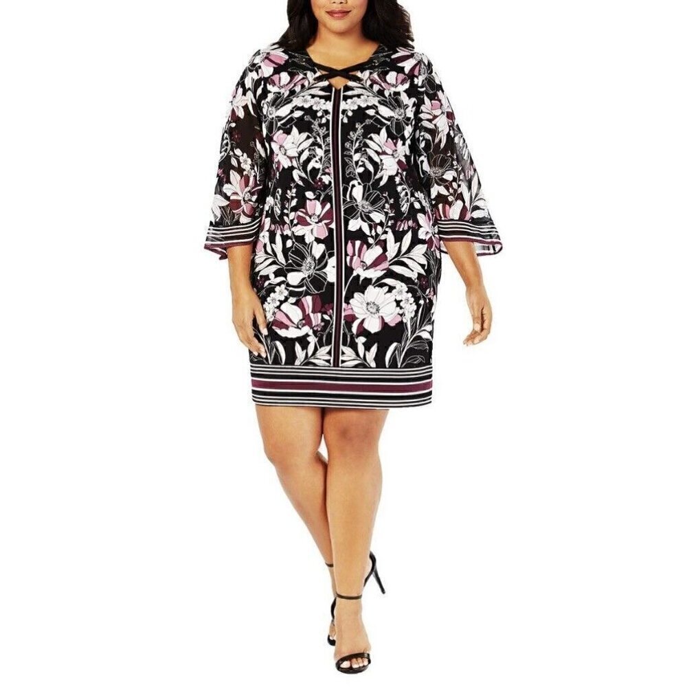 JM Collection Women's 3X Short Purple Foliage Chiffon Sleeve Shift Dress NEW